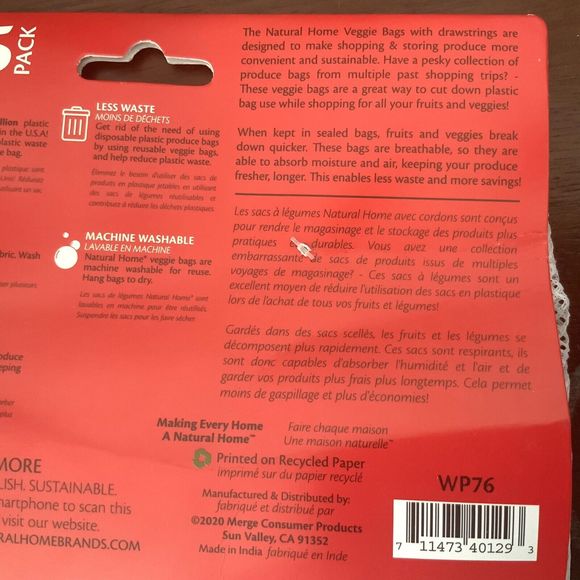 Natural Home Brands Reusable Produce Bags with Drawstrings WP76 Pack of 5 - NEW - Picture 9 of 11